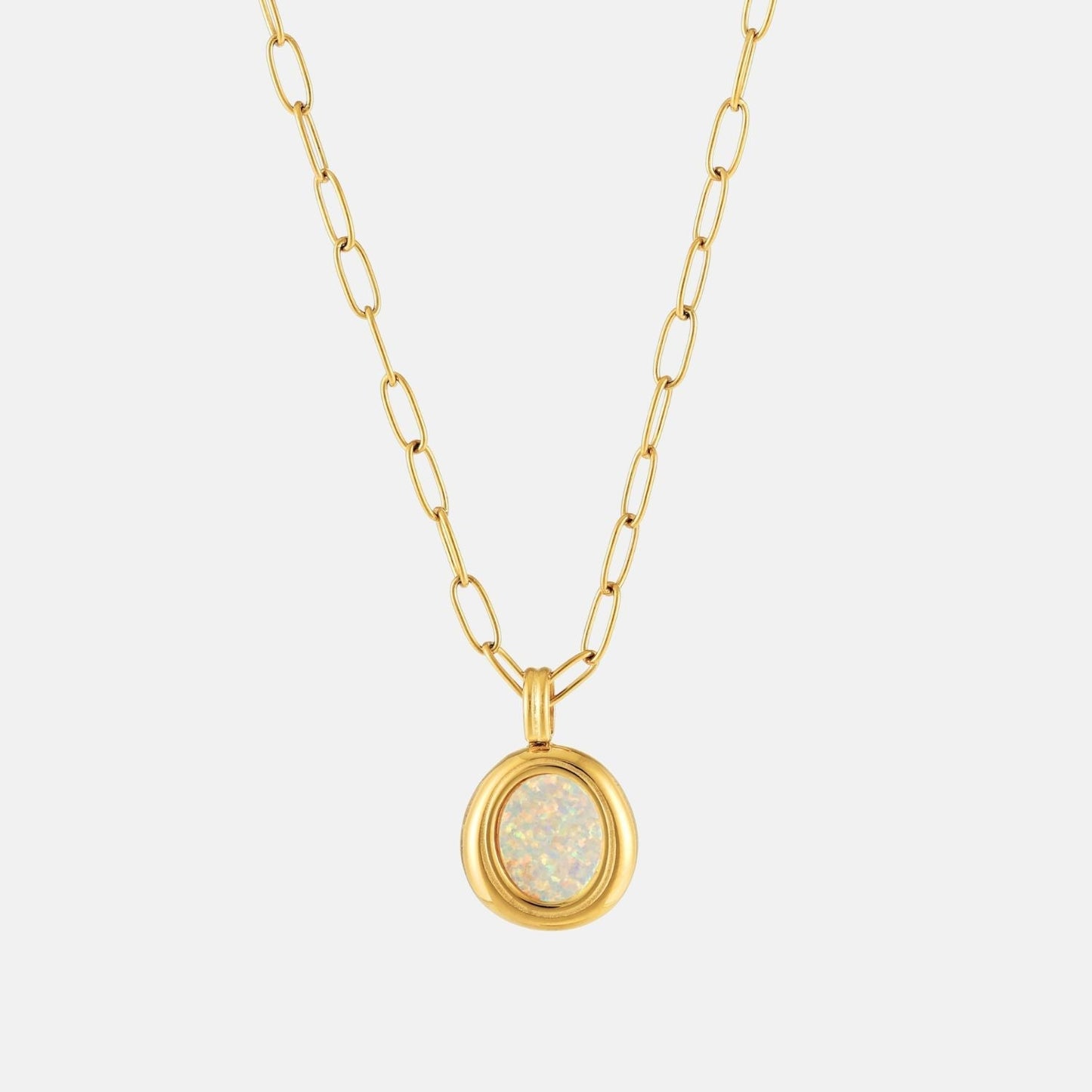 Damen Halskette goldfarben mit Opal Anhänger und Paperclip Kette aus Edelstahl