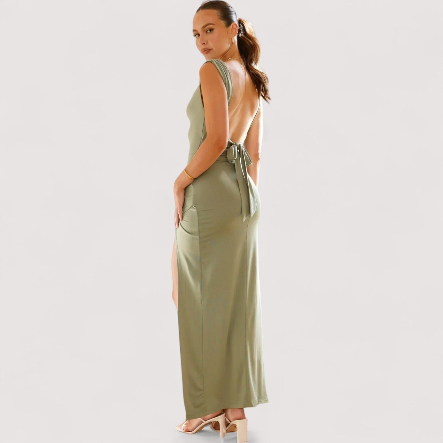 Damen Maxikleid Schlitz tailliert Schulterträger gerafft elegant sommerlich