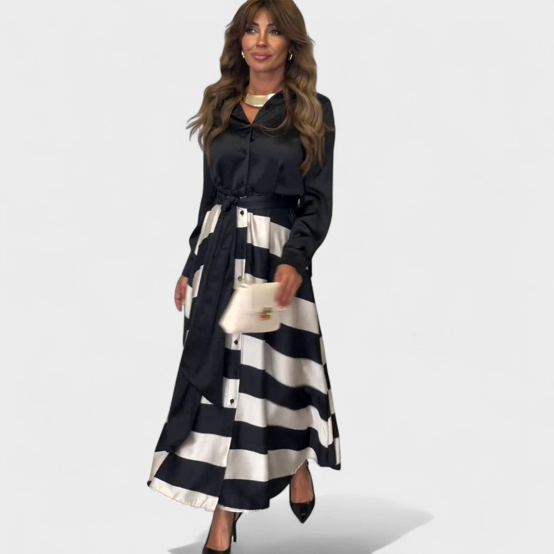 Damen Langarmkleid tailliert mit Gürtel Knopfleiste fließender Rock elegante bequeme Passform