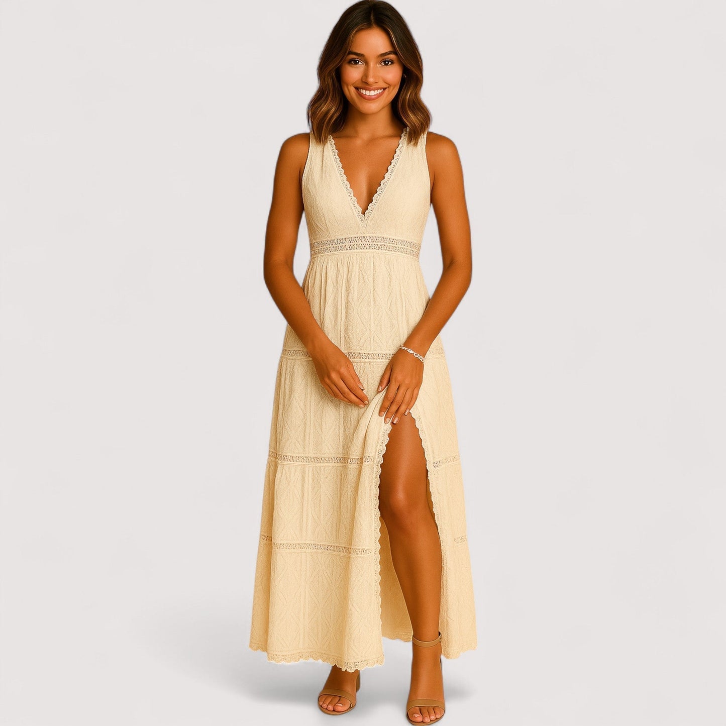 Damen Boho Kleid locker fließend Spitze leicht bequem sommerlich