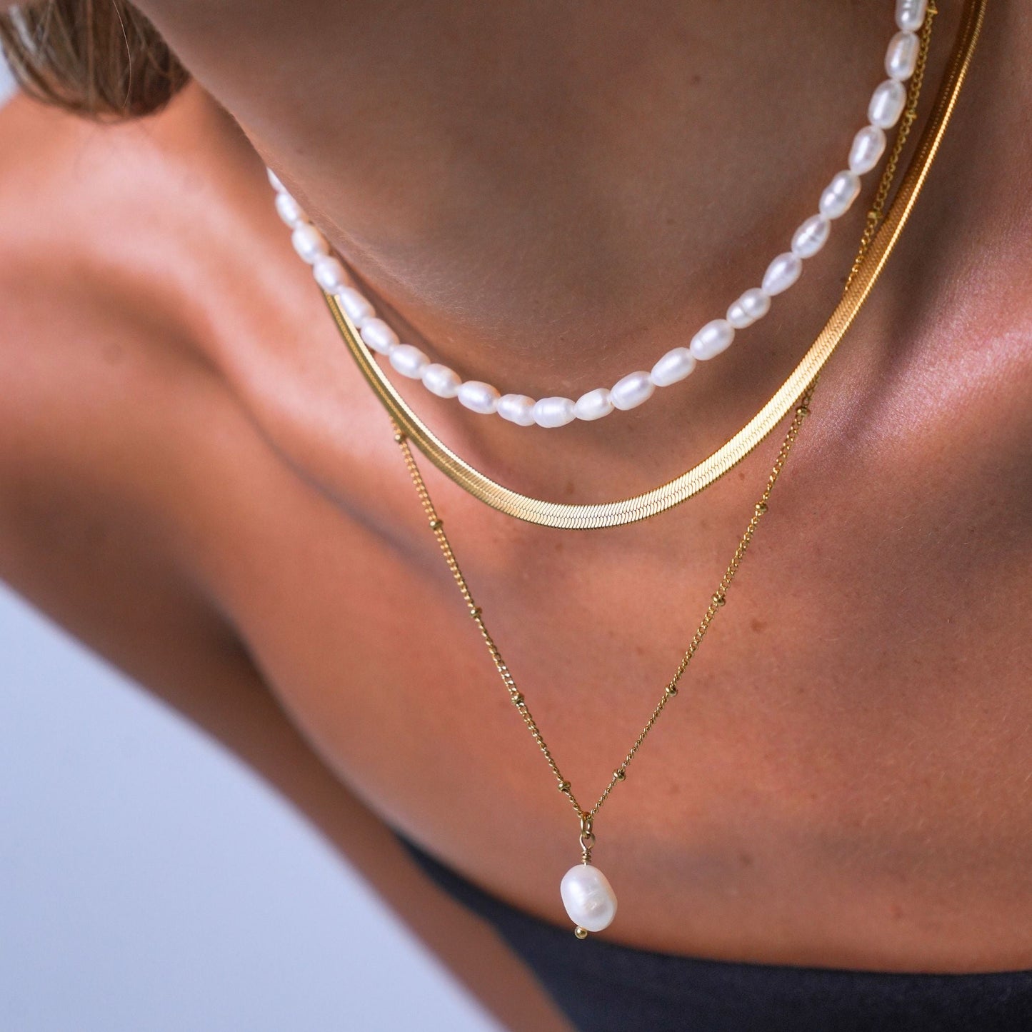 Damen Halsketten Set Gold mit Süßwasserperlen 3-teilig Layering Ketten wasserfest Edelstahl vergoldet
