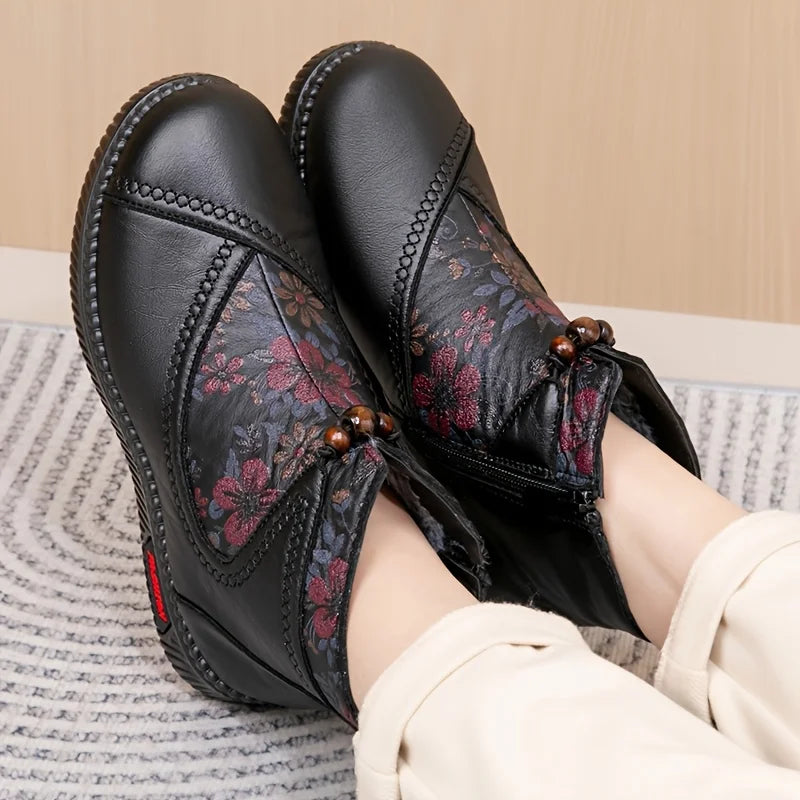 Damen Stiefeletten Lederoptik Blumen Reißverschluss gefüttert rutschfest bequem