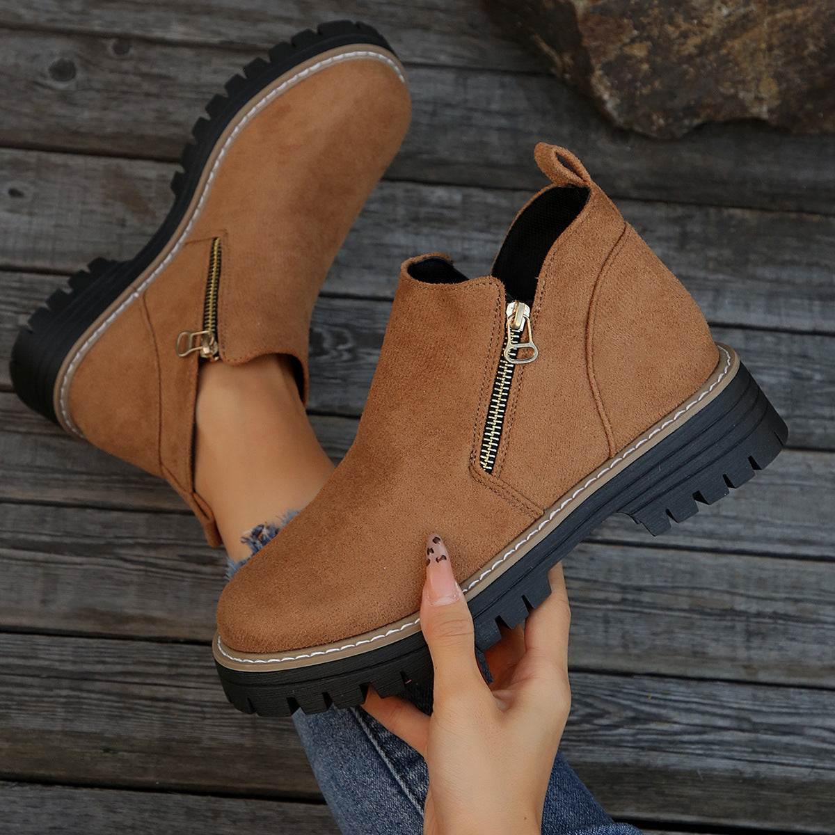 Damen-Slip-Boots mit Reißverschluss wasserabweisender Blockabsatz rund