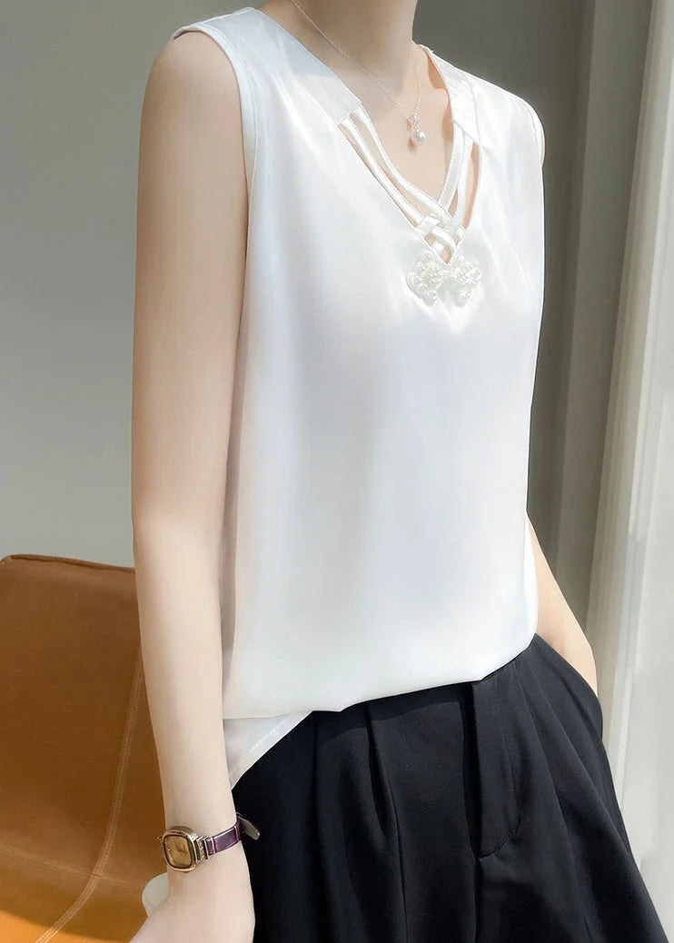 Damen Tank Top Seidenmischung ärmellos einfarbig V-Ausschnitt Perlendetails-elegant locker