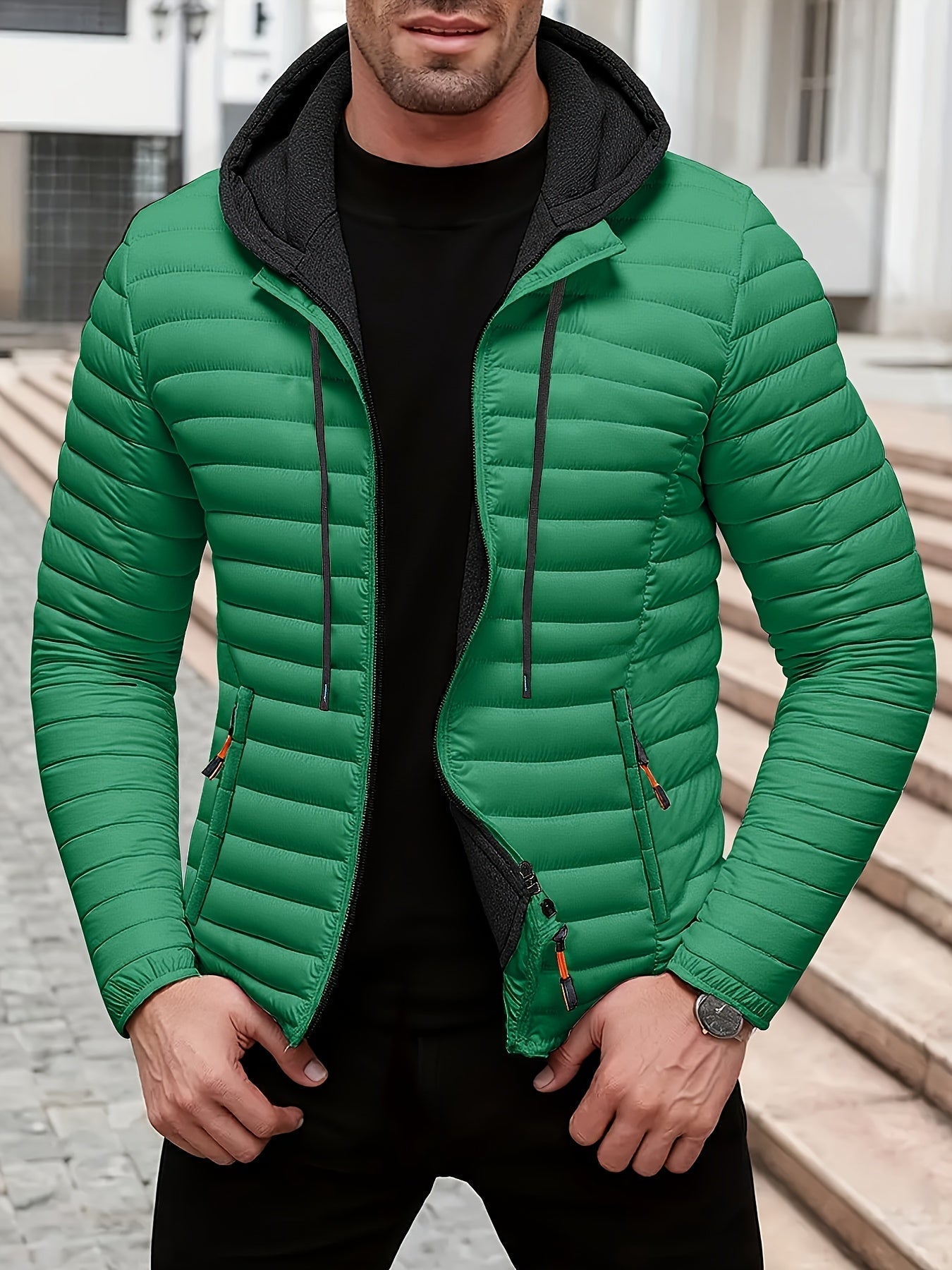 Herren Steppjacke Regular Fit Kapuze Warm Fleece Gefüttert Leicht Winter Übergang Outdoor Alltag