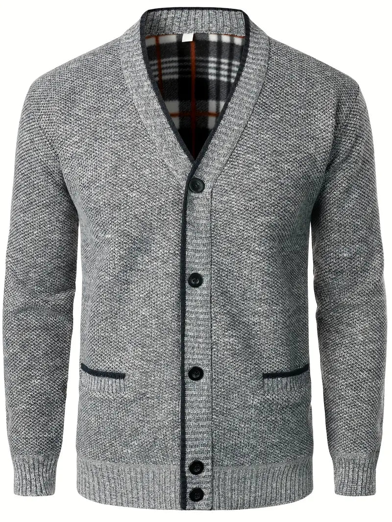 Herren Strickpullover Knopfleiste Taschen Langarm gefütterter Innenraum bequem