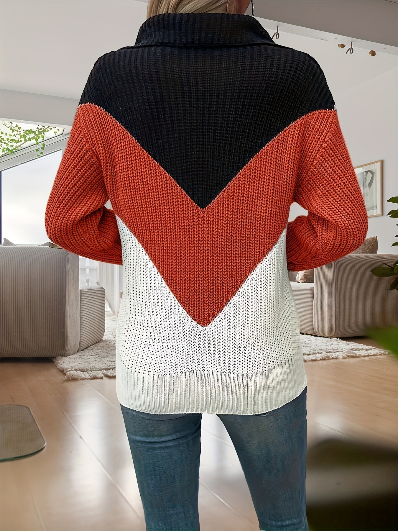 Damen Strickpullover Reißverschluss V-Muster stehender gerader Schnitt weicher Kragen