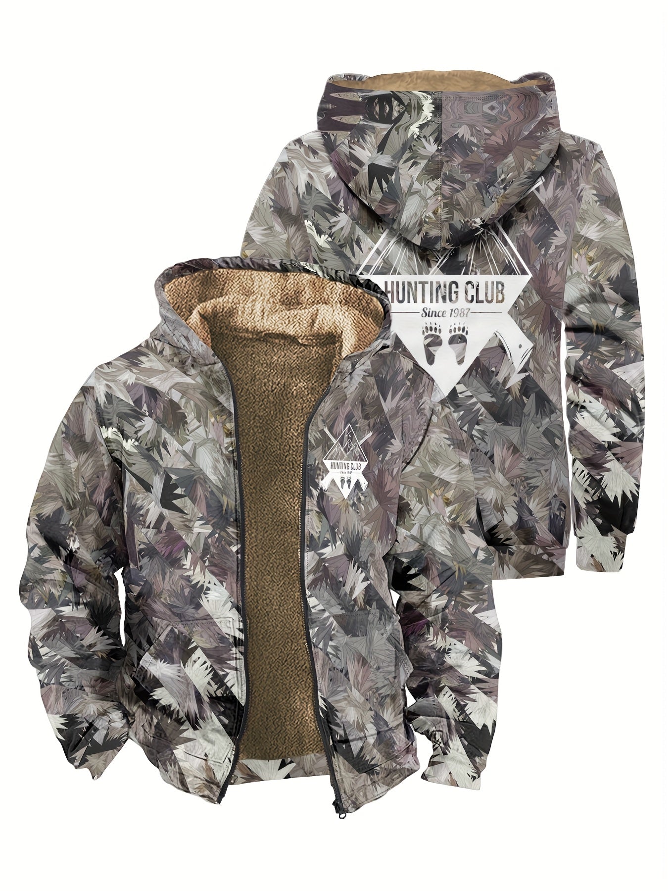 Herren Hoodie Langarm Regular Fit Reißverschluss Camouflage Fleecegefüttert Freizeit Outdoor Kapuzenpullover Warm