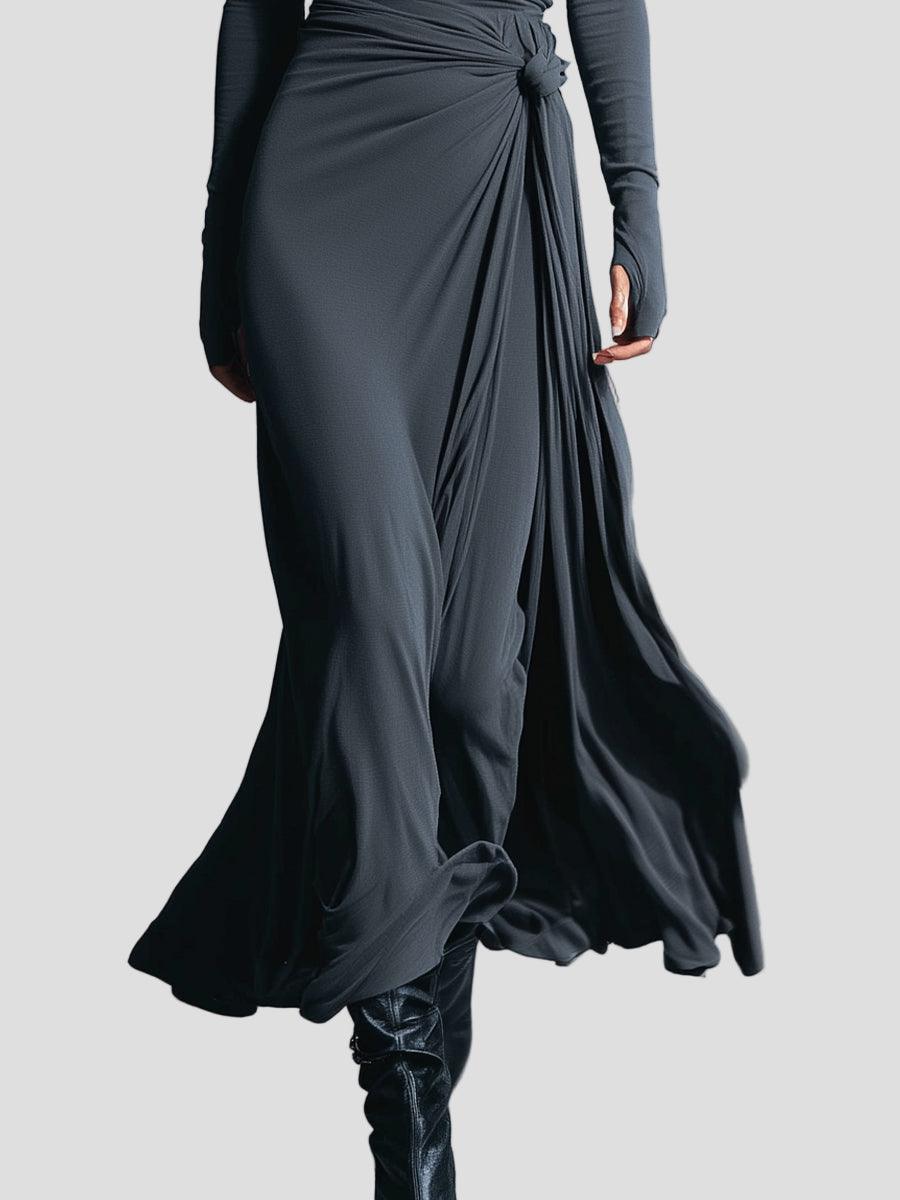 Damen Wickelstresskleid grau elastisches Langarm Figur seitliche Knoten Winterkleid