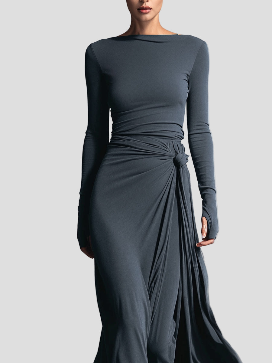 Damen Wickelstresskleid grau elastisches Langarm Figur seitliche Knoten Winterkleid