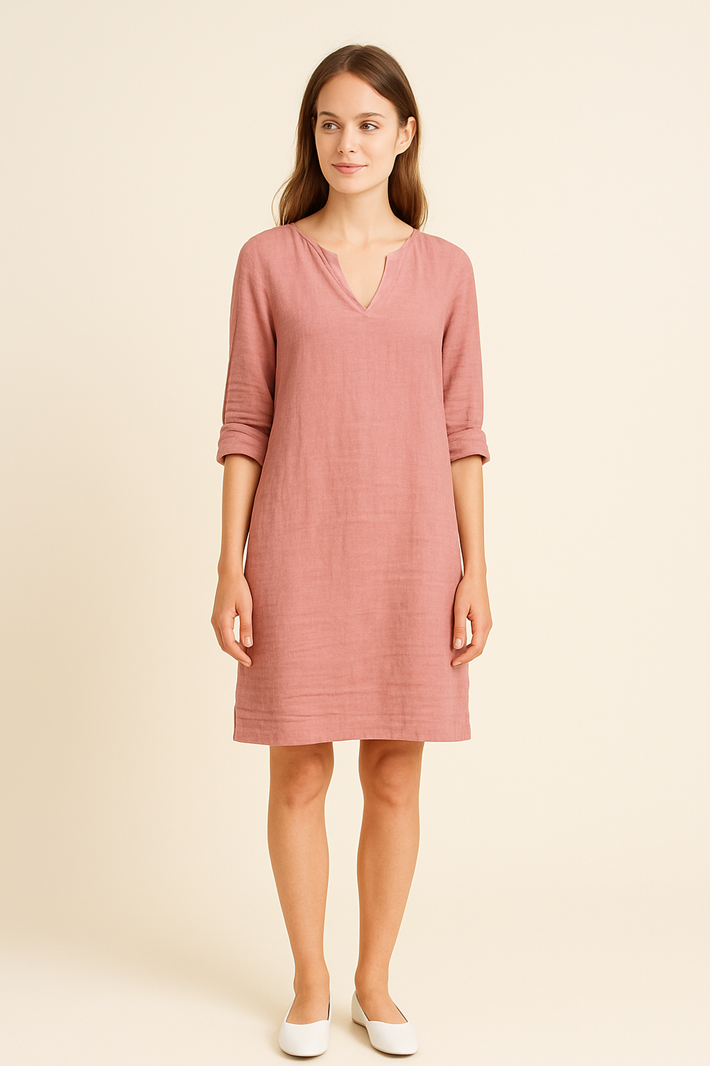WILHELM | Damen Festliches Sommerkleid im Leinenstil mit V-Ausschnitt