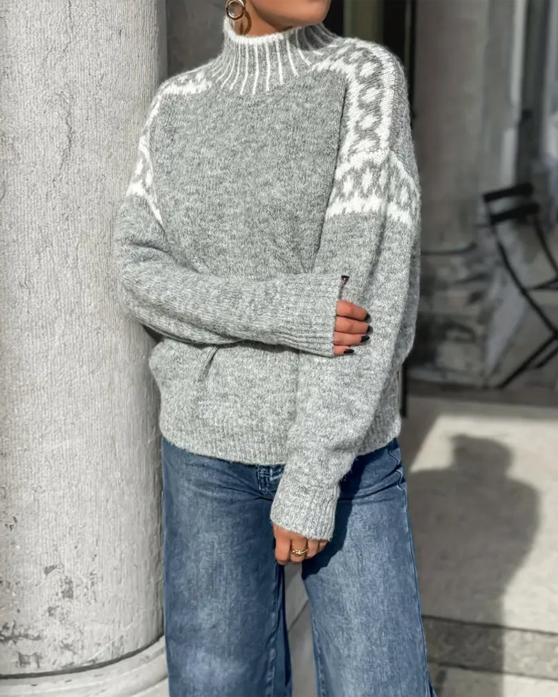 Damen Strickpullover Rollkragen Muster Warm Komfort Winter Alltag