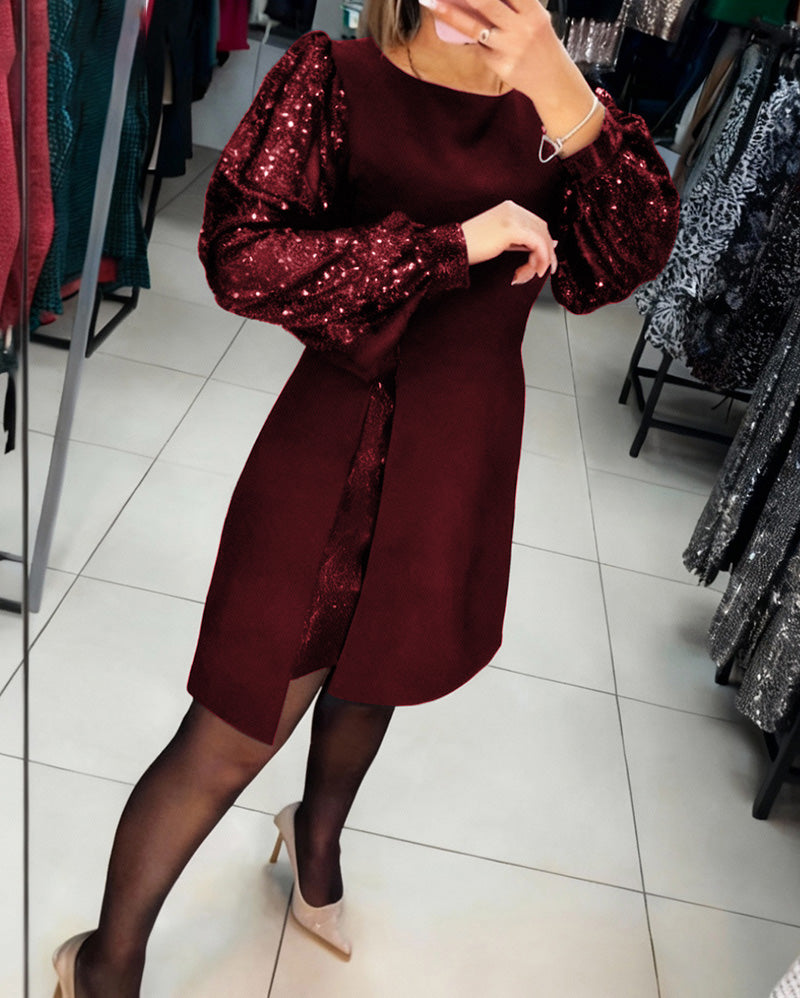 Damen Kleid Patchwork Puffärmel locker Passform langarm winterlich bequem