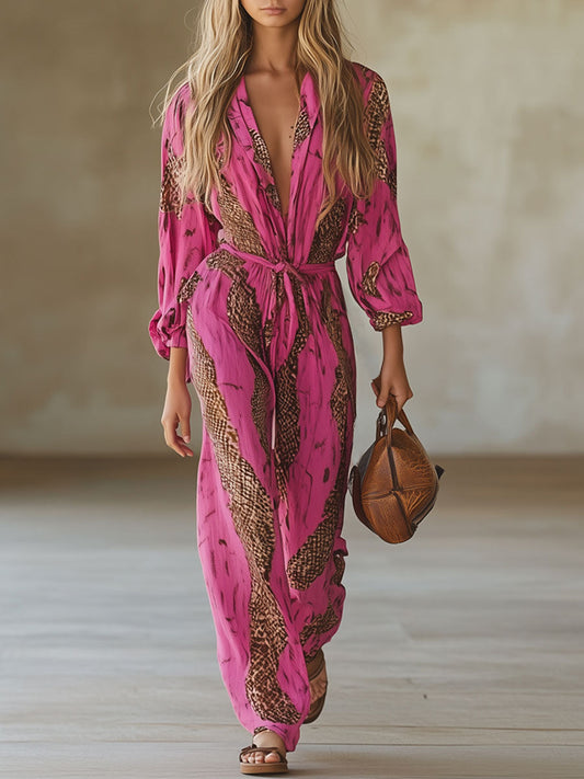 Damen Jumpsuit Leopardenmuster rosa, lockere Passform, Gürtel, langarm, Chiffon