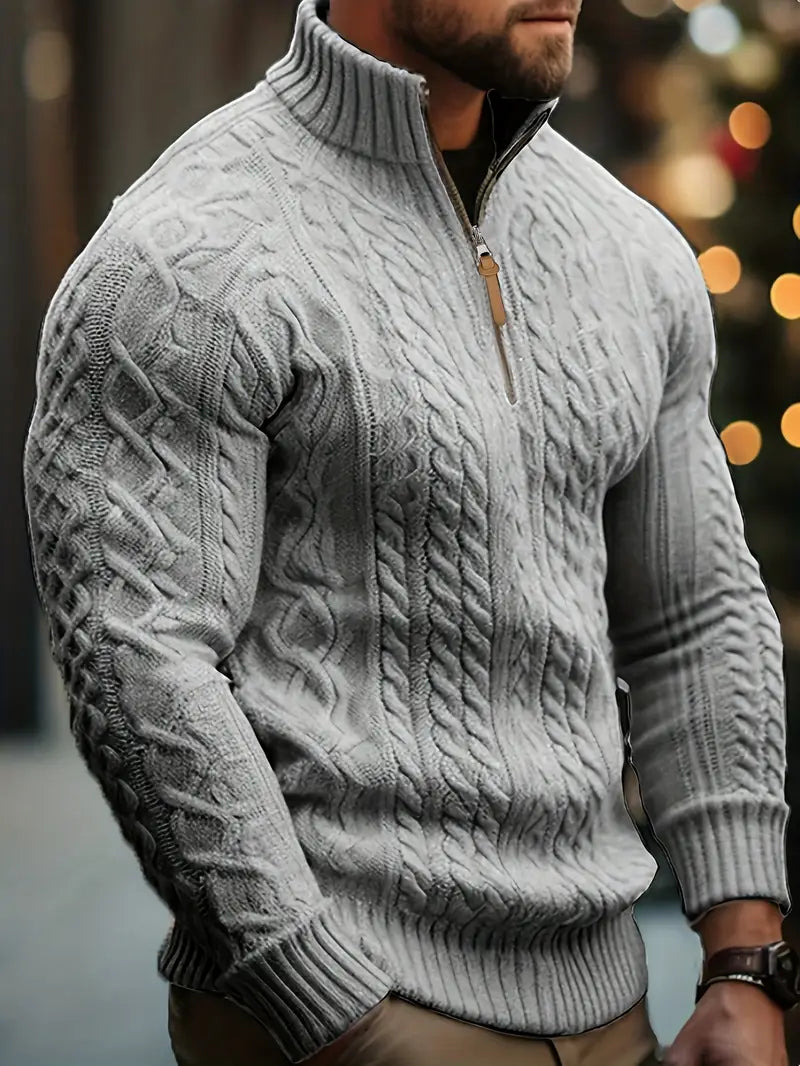 Herren Strickpullover, halber Reißverschluss Kragen Zopfmuster Stehkragen elastisch bequem