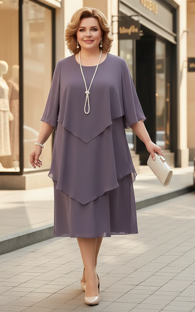 Damen Midikleid asymmetrisch locker Rundhalsausschnitt Kurzarm fließende Passform