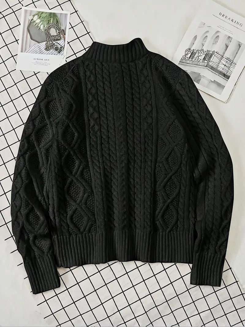 Herren Strickpullover, halber Reißverschluss Kragen Zopfmuster Stehkragen elastisch bequem