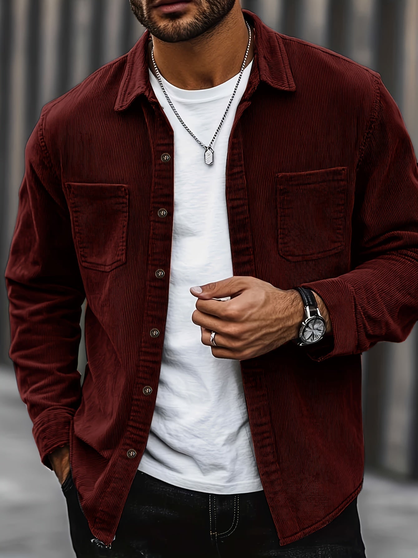 Herren Hemdjacke Polyester Kordeloptik einfarbiger Reverskragen langa