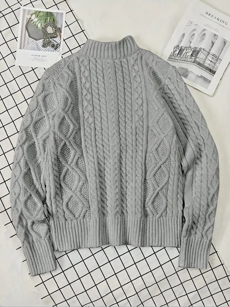 Herren Strickpullover, halber Reißverschluss Kragen Zopfmuster Stehkragen elastisch bequem