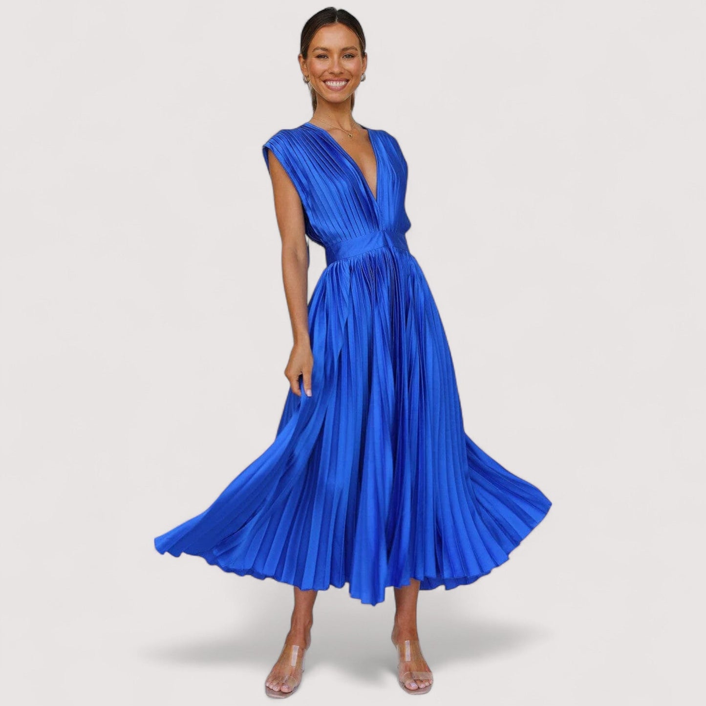 Damen Plisseekleid verstellbare Taille Kordelzug locker Passform elegant fließend