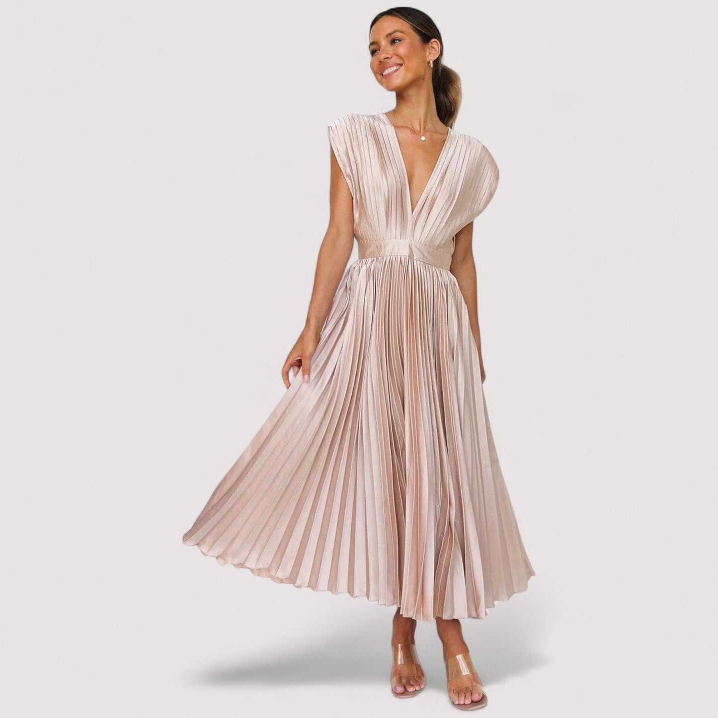 Damen Plisseekleid verstellbare Taille Kordelzug locker Passform elegant fließend