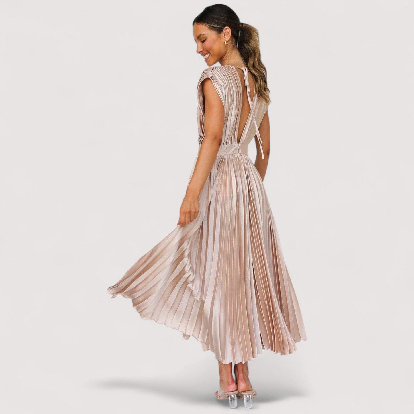 Damen Plisseekleid verstellbare Taille Kordelzug locker Passform elegant fließend