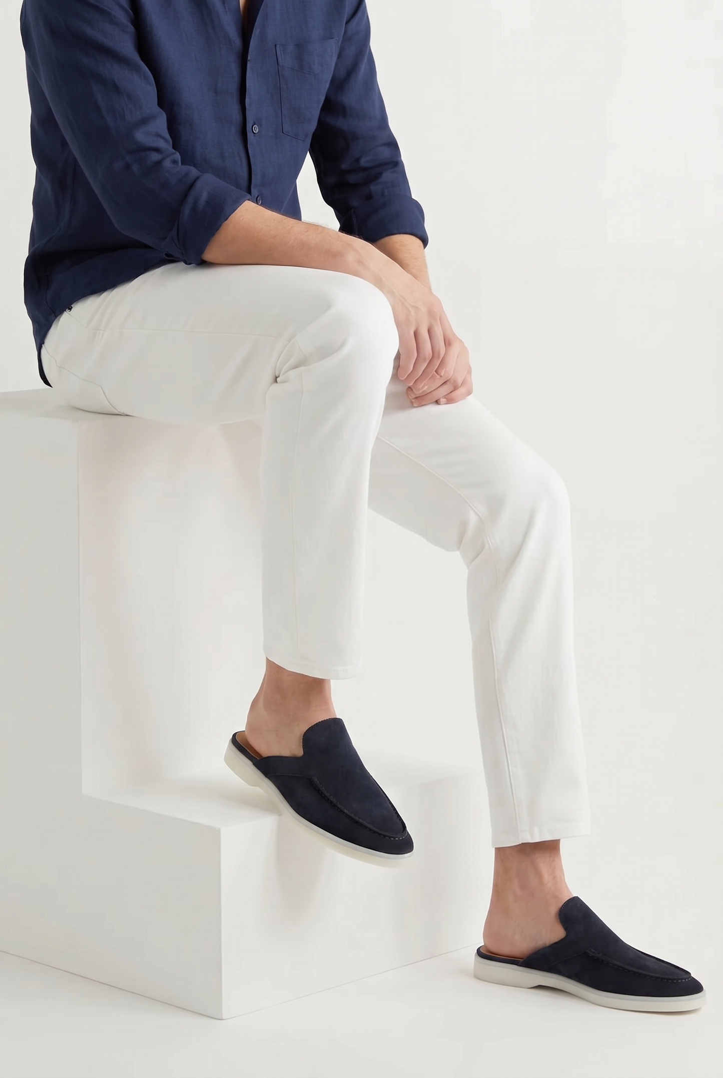 Loafer Marineblau Slip-on Mokassin offene Ferse weiße Gummisohle