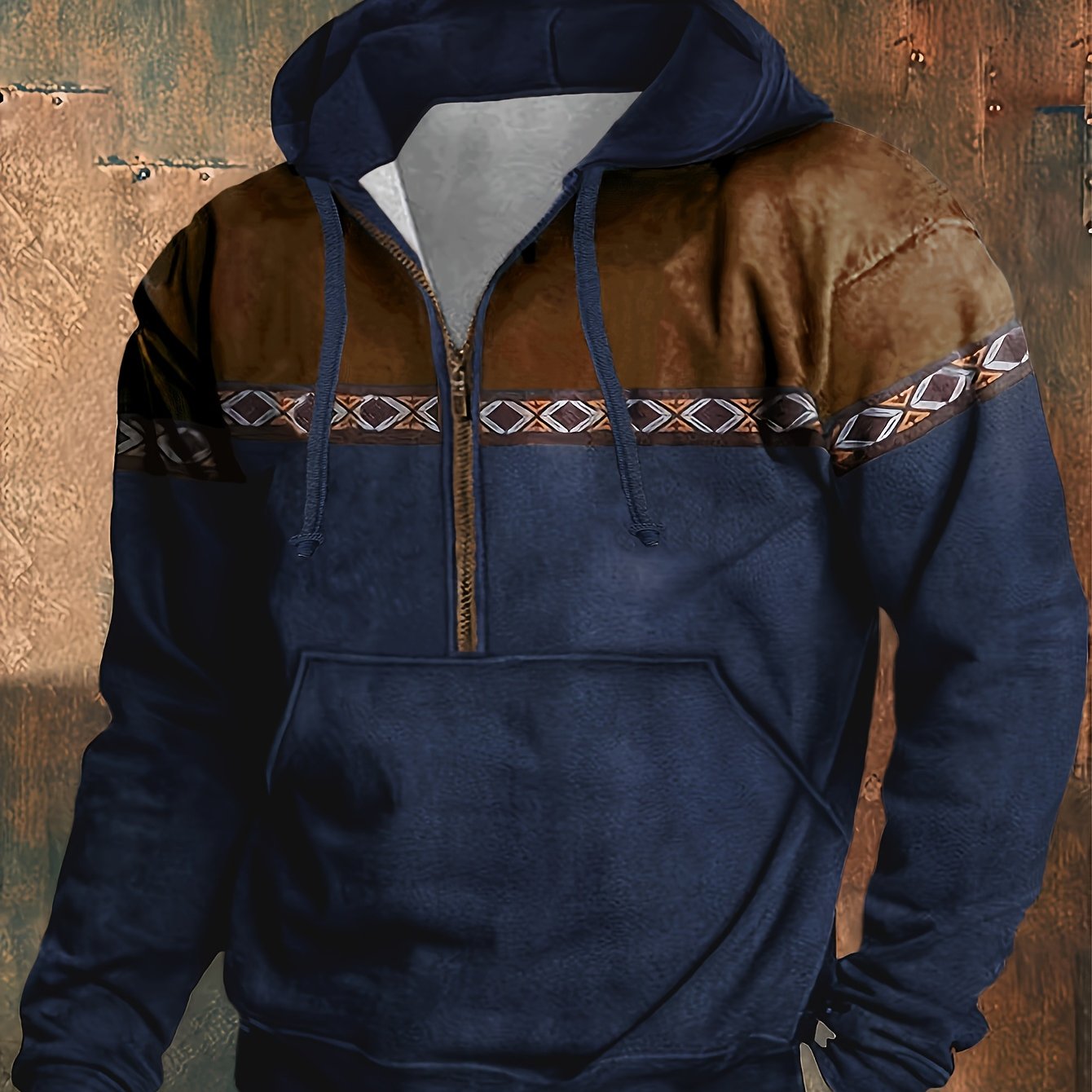 Herren Hoodie Langarm Kapuze Halber Reißverschluss Regular Fit Muster Freizeit Pullover