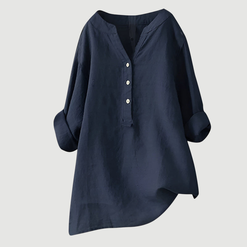 Damen Bluse Leinen, lockere Passform, V-Ausschnitt, Knopfleiste, langarm