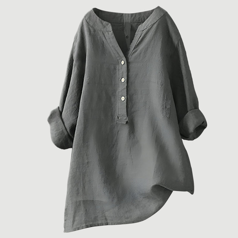 Damen Bluse Leinen, lockere Passform, V-Ausschnitt, Knopfleiste, langarm