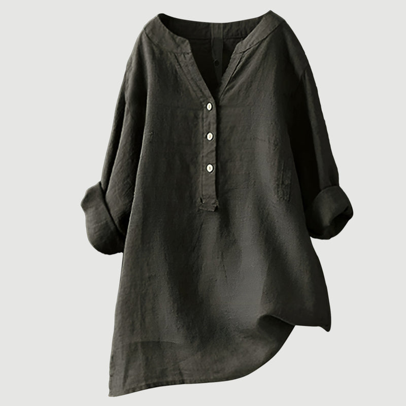 Damen Bluse Leinen, lockere Passform, V-Ausschnitt, Knopfleiste, langarm