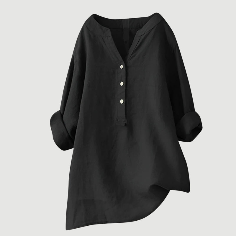 Damen Bluse Leinen, lockere Passform, V-Ausschnitt, Knopfleiste, langarm