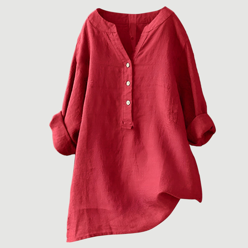 Damen Bluse Leinen, lockere Passform, V-Ausschnitt, Knopfleiste, langarm
