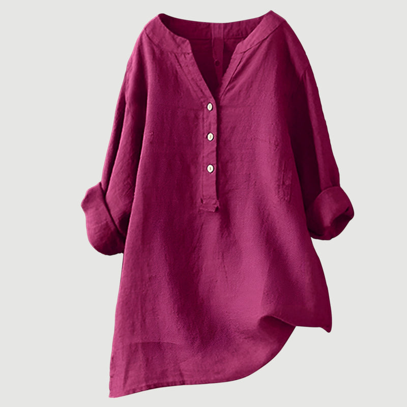 Damen Bluse Leinen, lockere Passform, V-Ausschnitt, Knopfleiste, langarm