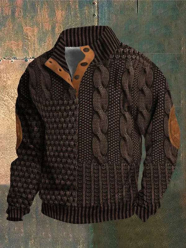 Herren Pullover Patchwork Zopfmuster, Knopfkragen, lange Ärmel, bequeme Passform