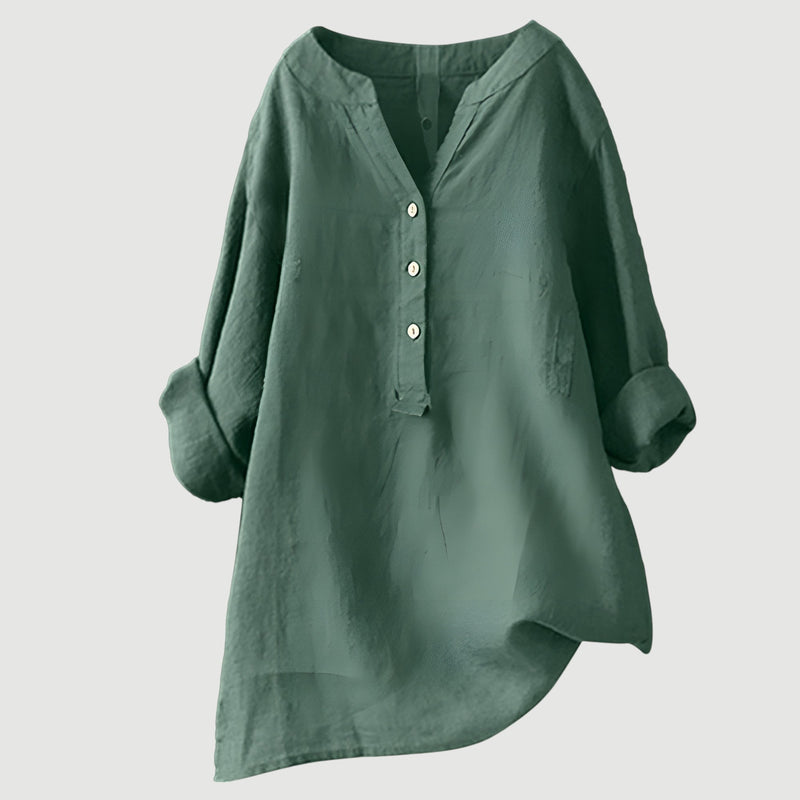 Damen Bluse Leinen, lockere Passform, V-Ausschnitt, Knopfleiste, langarm