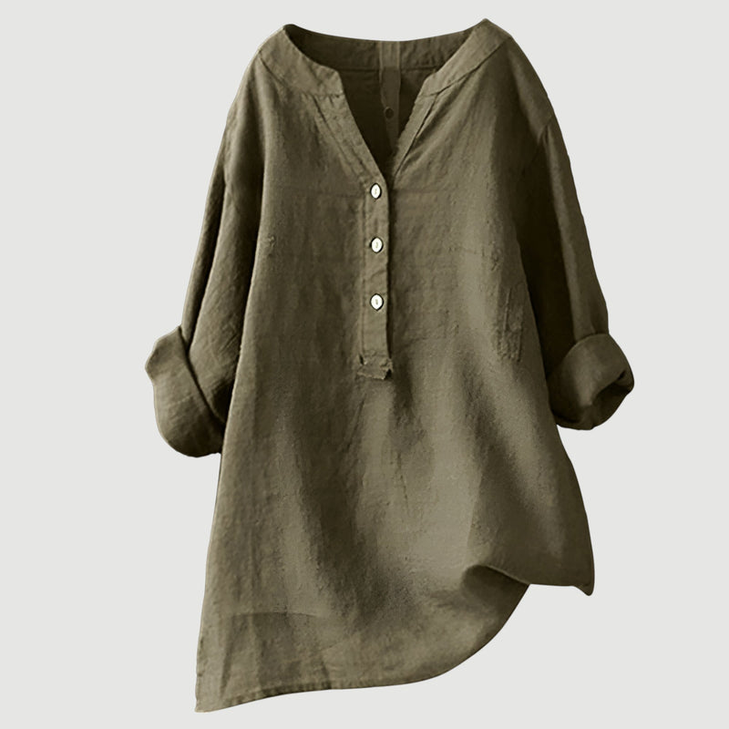 Damen Bluse Leinen, lockere Passform, V-Ausschnitt, Knopfleiste, langarm