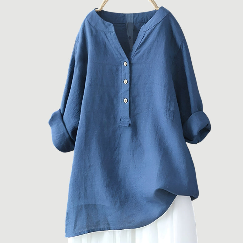 Damen Bluse Leinen, lockere Passform, V-Ausschnitt, Knopfleiste, langarm