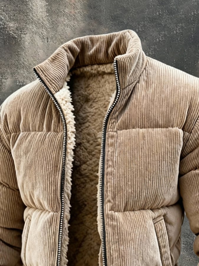 Herren Cordjacke Regular Fit Retro Stil Einfarbig Langarm Knopfleiste Taschen Casual Alltag