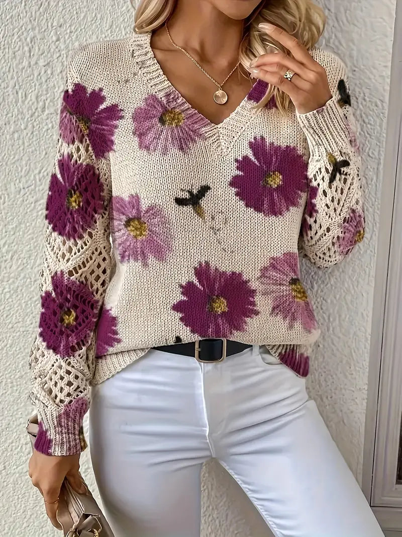 Damen Strickjacke Blumenmuster V-Ausschnitt Regular Fit Leicht Mittelschwer Häkeloptik Freizeit