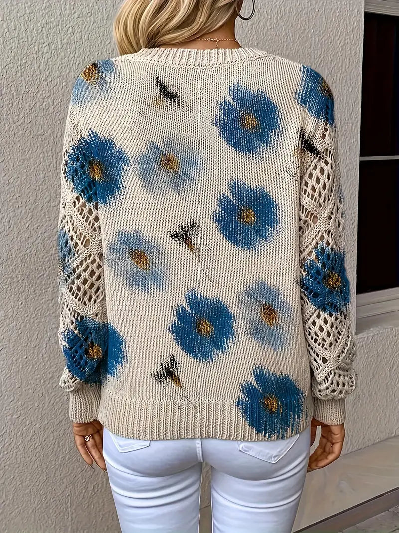 Damen Strickjacke Blumenmuster V-Ausschnitt Regular Fit Leicht Mittelschwer Häkeloptik Freizeit