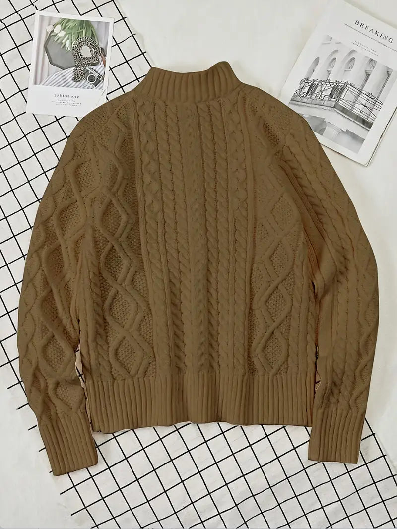 Herren Strickpullover, halber Reißverschluss Kragen Zopfmuster Stehkragen elastisch bequem