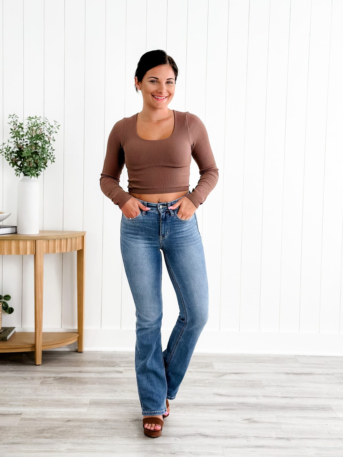 Damenjeans Stretch hohe Taille schlanke Bauchkontrolle, bequeme Passform