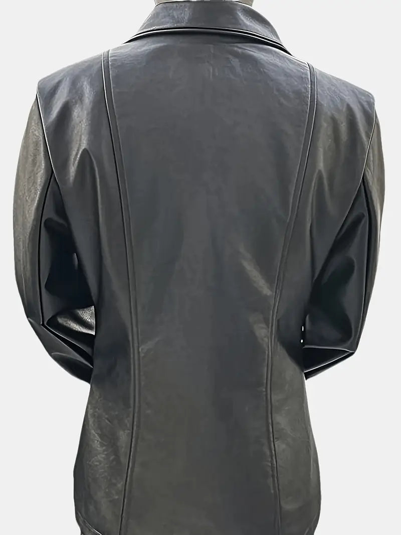 Damen Kunstlederjacke Langarm Regular Fit Reißverschluss Einfarbig Freizeit Übergangsjacke Elegant Casual