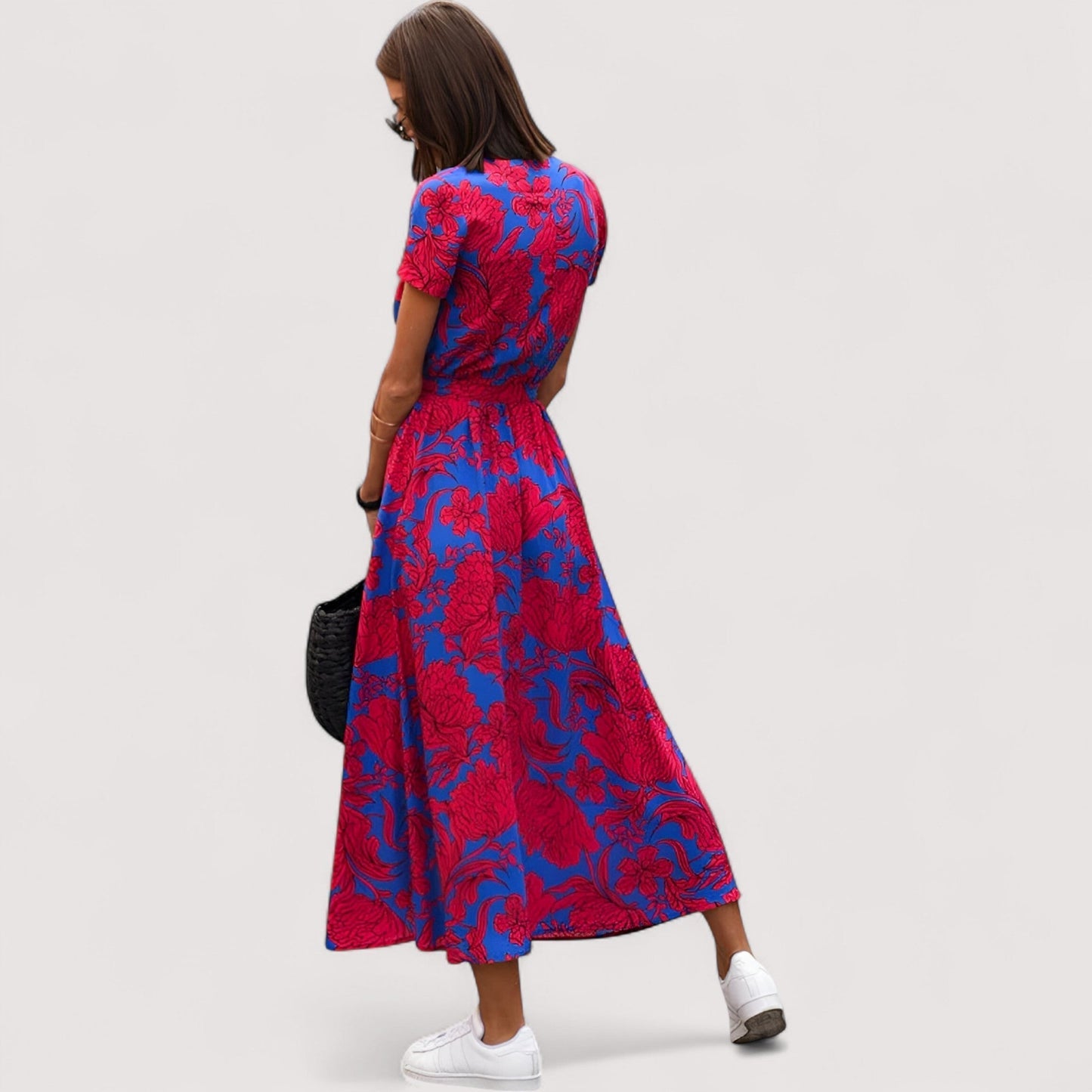 Damen Wickelkleid Blumenmuster kurzarm tailliert fließende Passform für Alltag und Abend