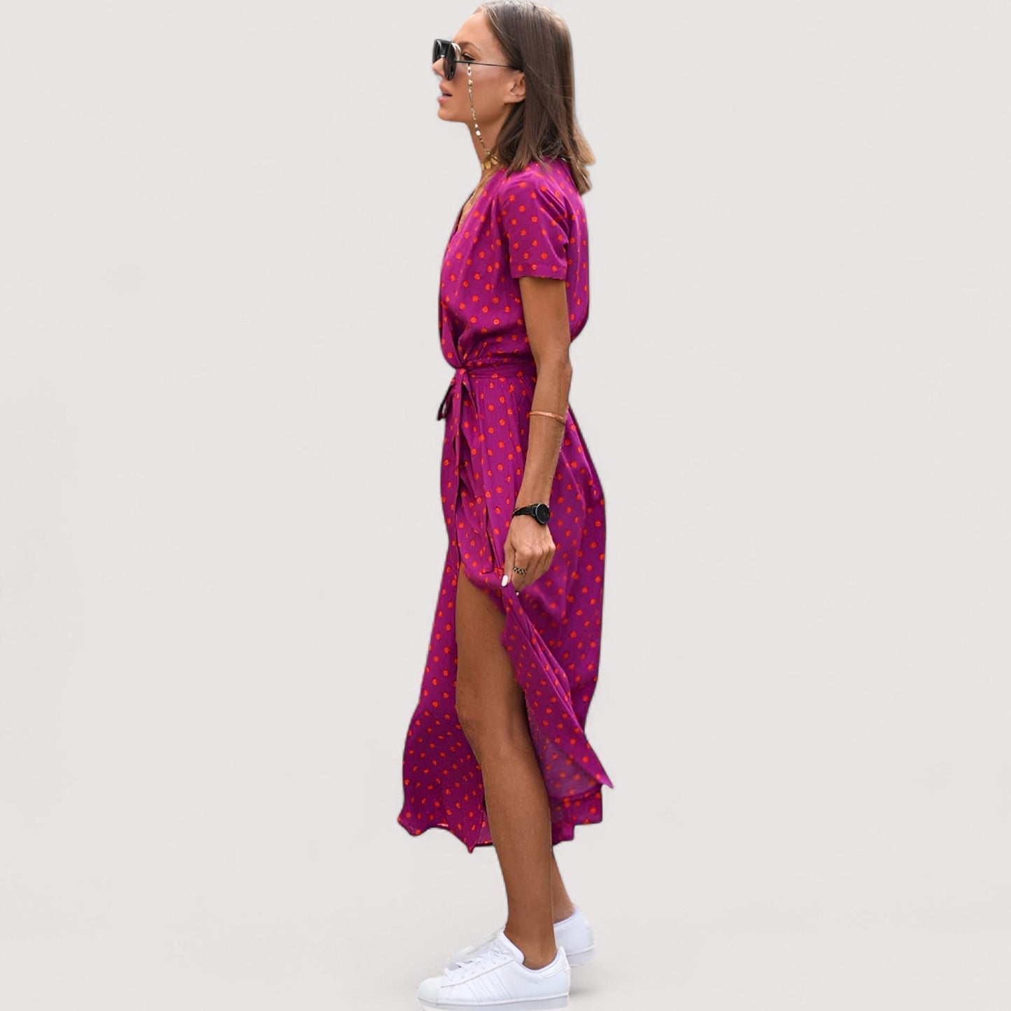 Damen Wickelkleid Blumenmuster kurzarm tailliert fließende Passform für Alltag und Abend