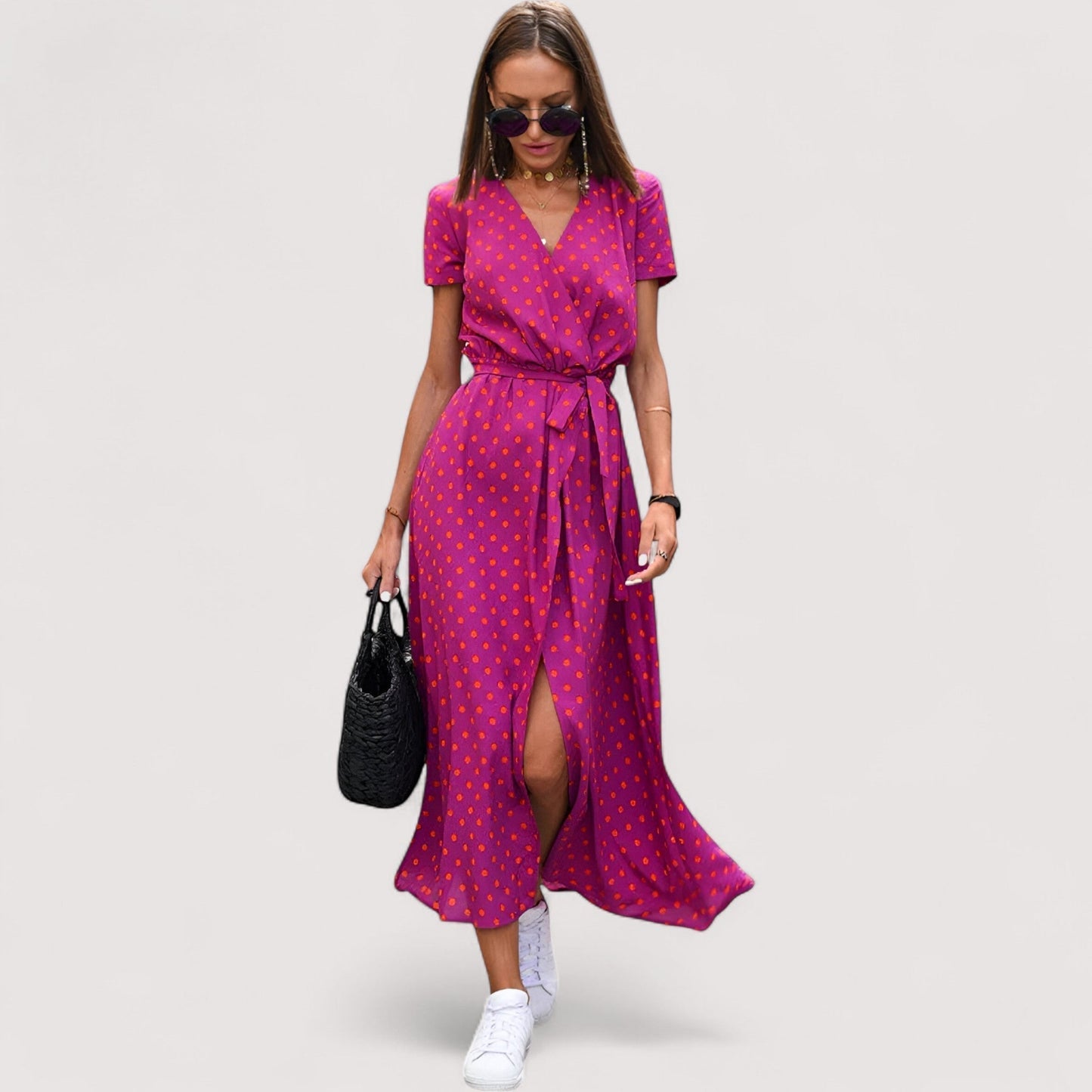 Damen Wickelkleid Blumenmuster kurzarm tailliert fließende Passform für Alltag und Abend
