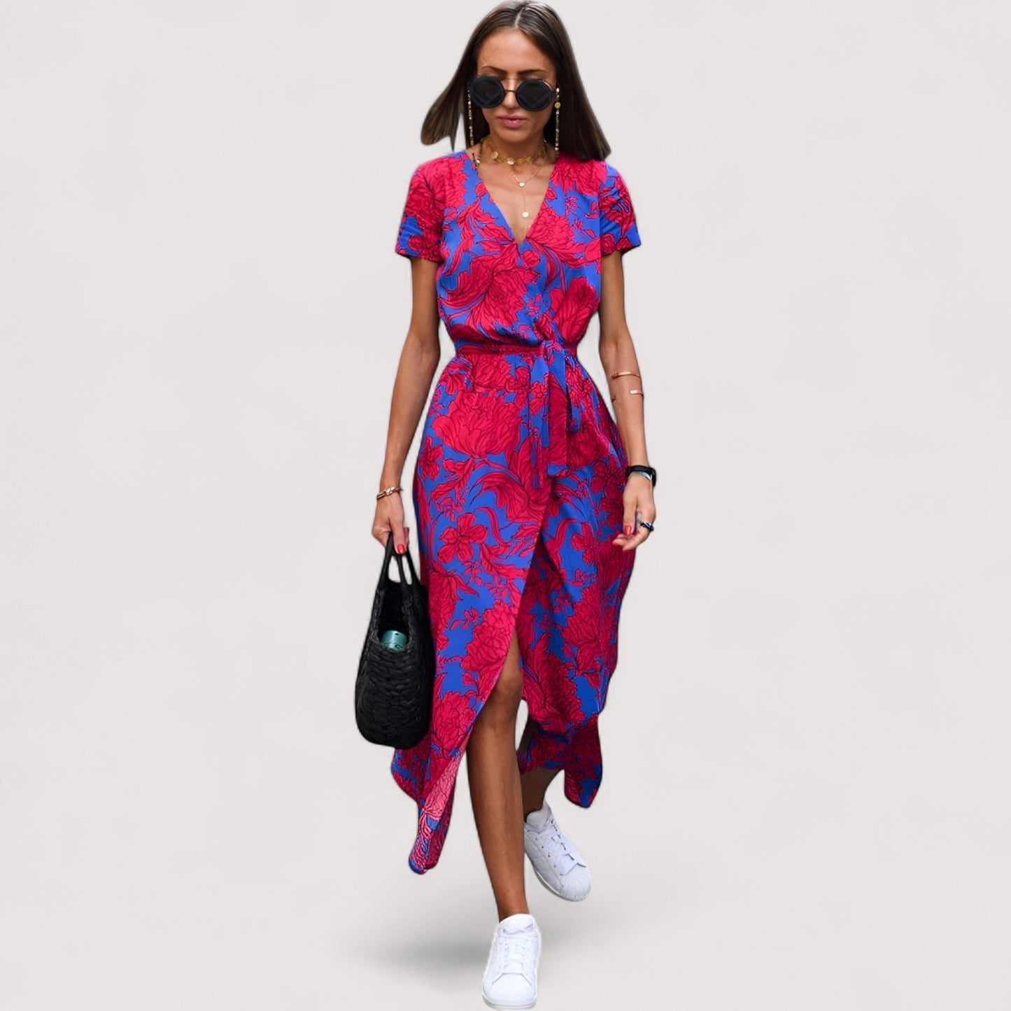 Damen Wickelkleid Blumenmuster kurzarm tailliert fließende Passform für Alltag und Abend