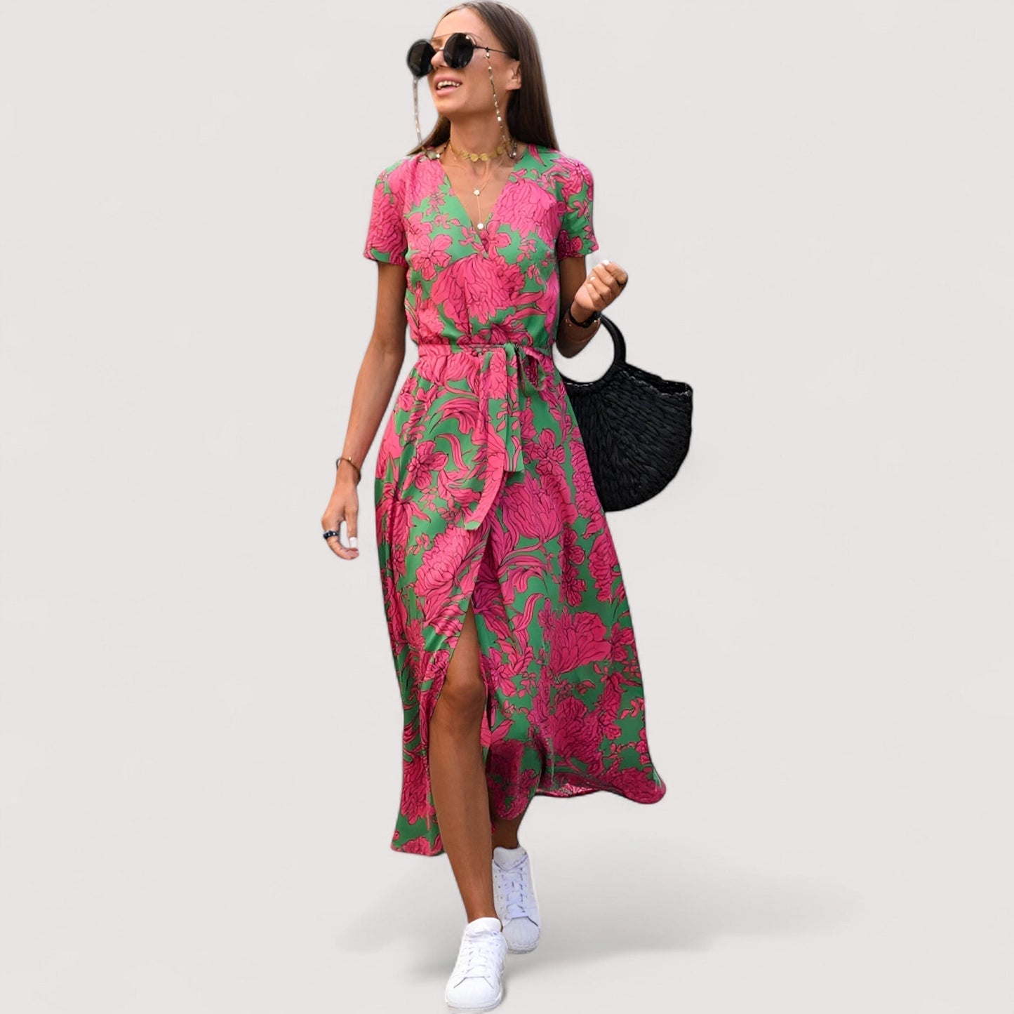Damen Wickelkleid Blumenmuster kurzarm tailliert fließende Passform für Alltag und Abend