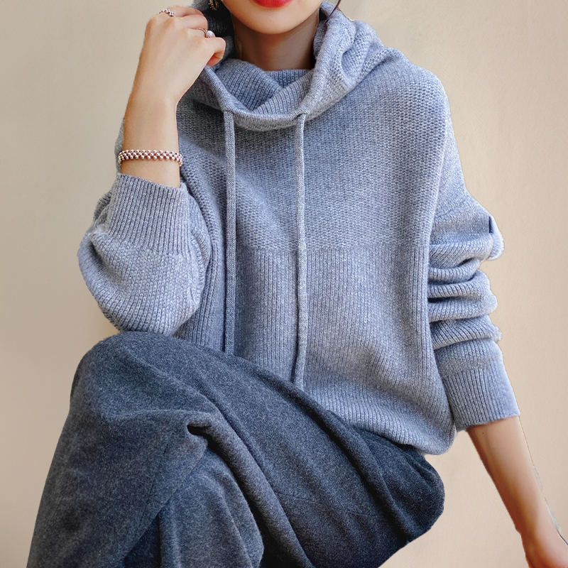 Damen Strickpullover mit Kapuze lose weiche warme bequeme Passform